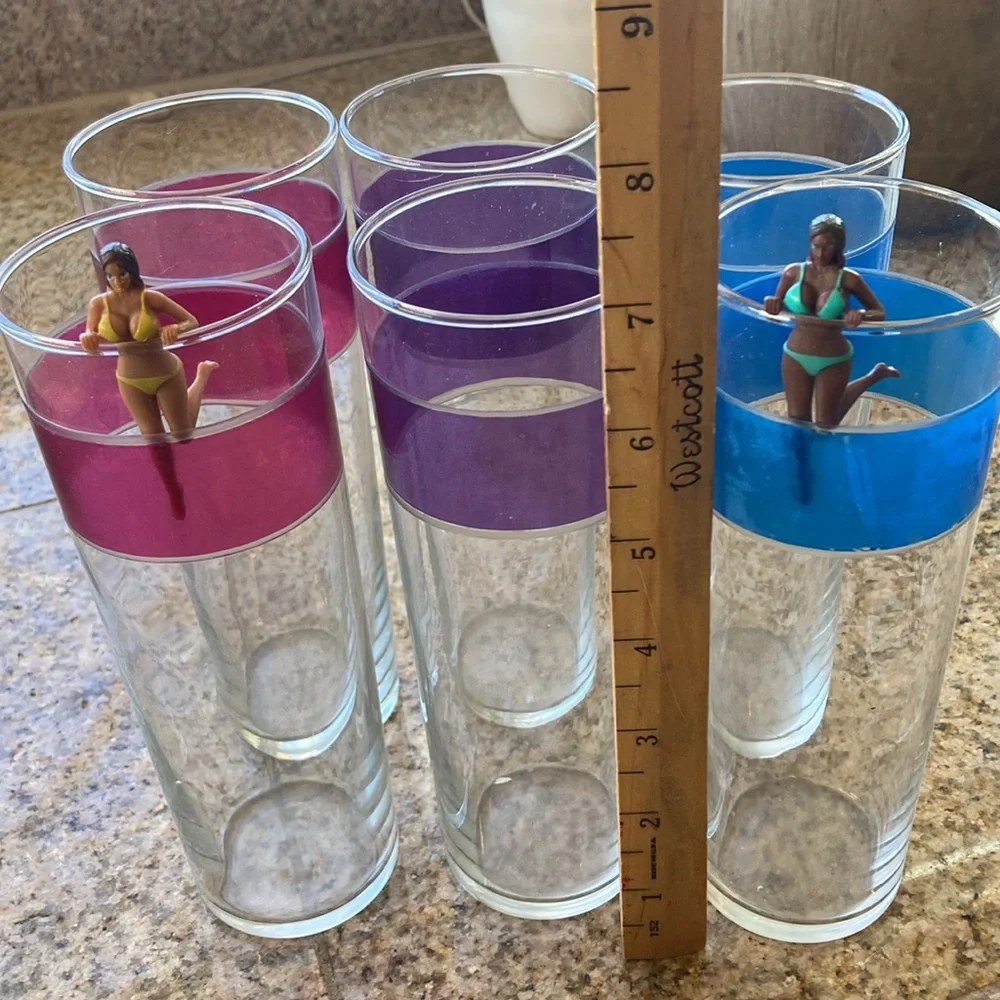 Libbey VintageSet of 6 glasses featuring colorful Bands Pink Blue Purple Summer